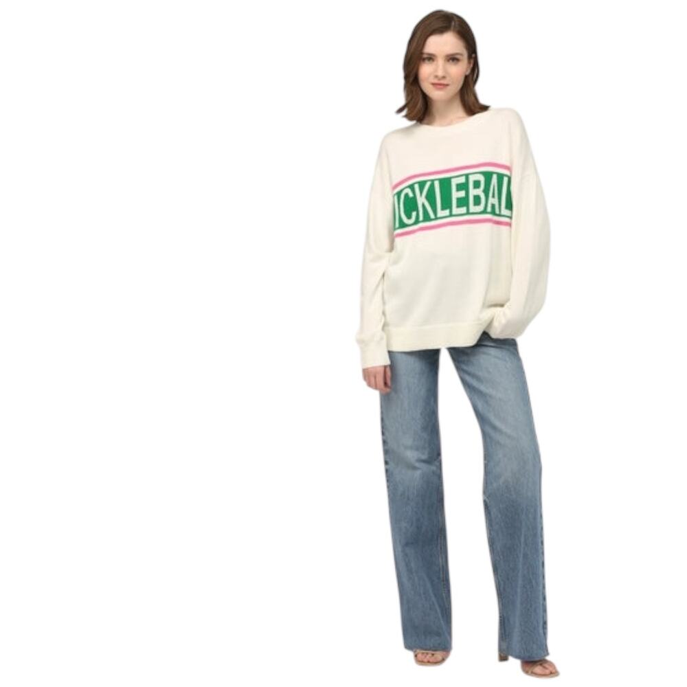 Fate Pickleball Spellout Crewneck Sweater Ivory Green Pink Lightweight Size S